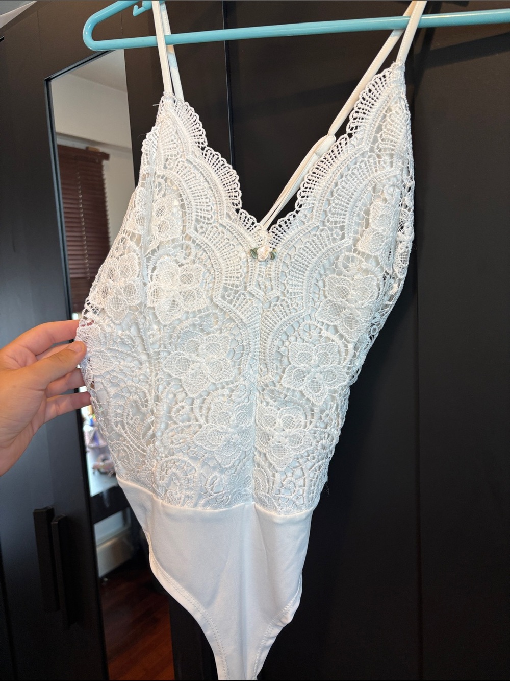 White Lace-Front Chemise Bodysuit with Spaghetti Straps